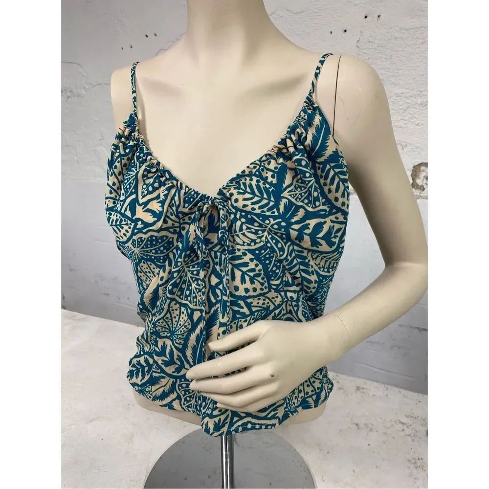 Sienna Sky Haute Hippie Style Turquoise Blue/Tan Floral Sleeveless Cami Blouse L